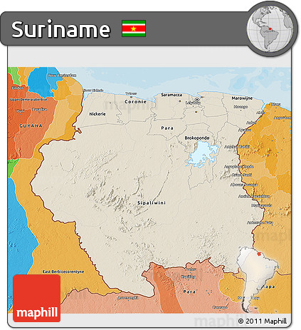 Shaded Relief 3D Map of Suriname, political outside