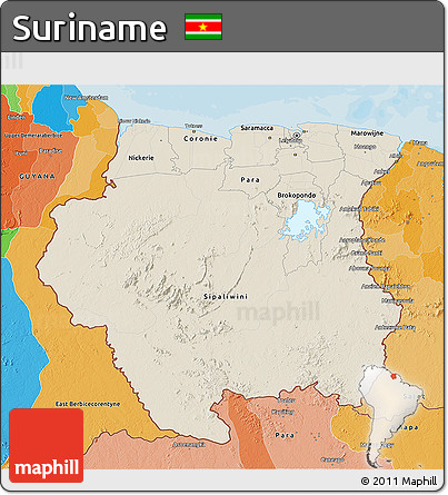 Shaded Relief 3D Map of Suriname, political outside