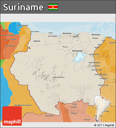 Shaded Relief 3D Map of Suriname, political outside