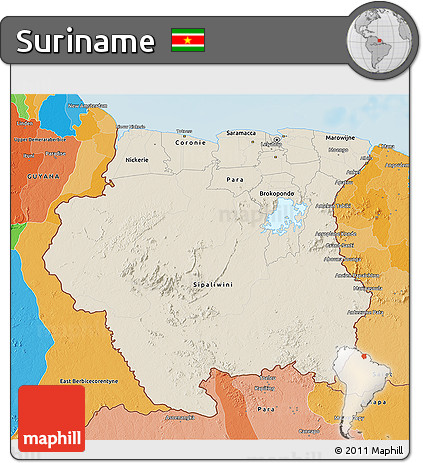 Shaded Relief 3D Map of Suriname, political outside, shaded relief sea