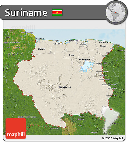 Shaded Relief 3D Map of Suriname, satellite outside, shaded relief sea