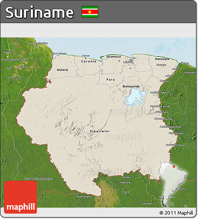 Shaded Relief 3D Map of Suriname, satellite outside, shaded relief sea