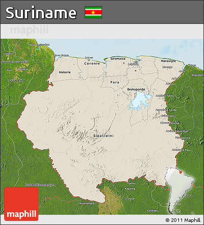 Shaded Relief 3D Map of Suriname, satellite outside, shaded relief sea