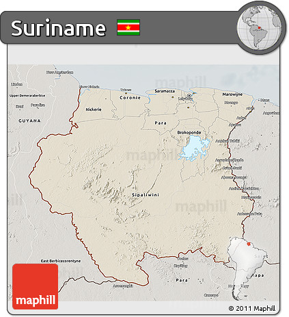 Shaded Relief 3D Map of Suriname, semi-desaturated