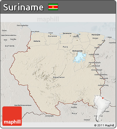 Shaded Relief 3D Map of Suriname, semi-desaturated
