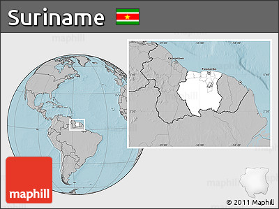 Blank Location Map of Suriname, gray outside, hill shading outside