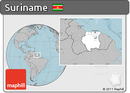 Blank Location Map of Suriname, gray outside, hill shading outside