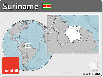 Blank Location Map of Suriname, gray outside, hill shading outside