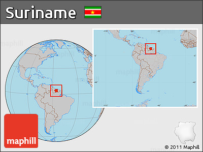 Gray Location Map of Suriname, within the entire continent