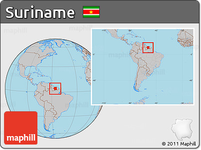 Gray Location Map of Suriname, within the entire continent