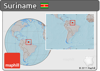 Gray Location Map of Suriname, within the entire continent, hill shading