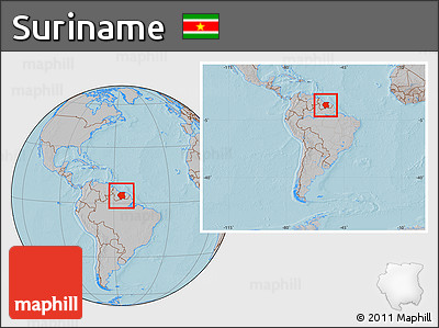 Gray Location Map of Suriname, within the entire continent, hill shading