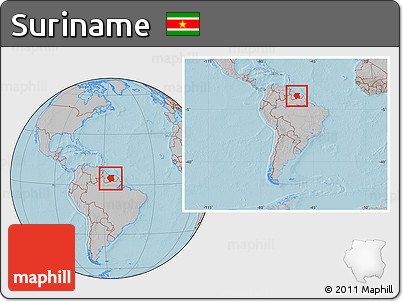 Gray Location Map of Suriname, within the entire continent, hill shading