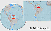 Gray Location Map of Suriname, within the entire continent, hill shading