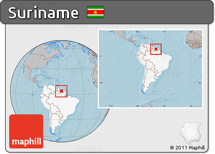 Gray Location Map of Suriname, highlighted continent, within the entire continent, hill shading
