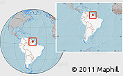 Gray Location Map of Suriname, highlighted continent, within the entire continent, hill shading
