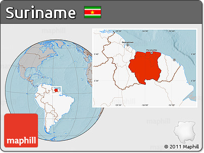 Gray Location Map of Suriname, highlighted continent, hill shading