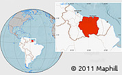 Gray Location Map of Suriname, highlighted continent, hill shading