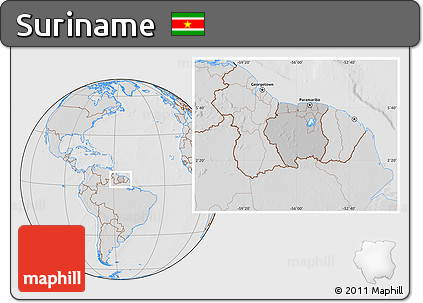Gray Location Map of Suriname, lighten, desaturated, hill shading