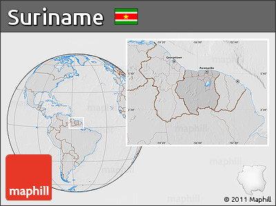 Gray Location Map of Suriname, lighten, desaturated, hill shading