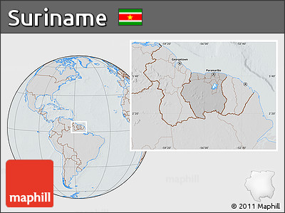 Gray Location Map of Suriname, lighten, semi-desaturated, hill shading