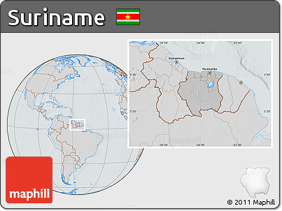 Gray Location Map of Suriname, lighten, semi-desaturated, hill shading