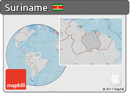Gray Location Map of Suriname, lighten, semi-desaturated, land only, hill shading