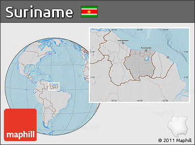 Gray Location Map of Suriname, lighten, semi-desaturated, land only, hill shading