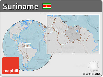 Gray Location Map of Suriname, lighten, semi-desaturated, land only, hill shading