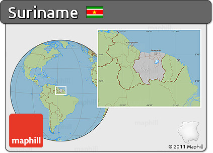 Gray Location Map of Suriname, savanna style outside, hill shading inside