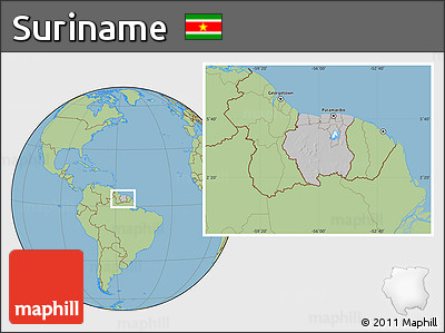 Gray Location Map of Suriname, savanna style outside, hill shading inside