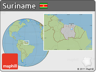 Gray Location Map of Suriname, savanna style outside, hill shading inside