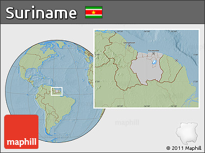 Gray Location Map of Suriname, savanna style outside, hill shading outside