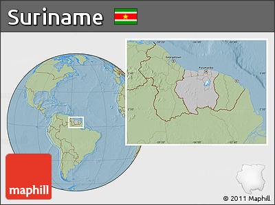 Gray Location Map of Suriname, savanna style outside, hill shading