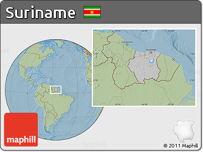 Gray Location Map of Suriname, savanna style outside, hill shading