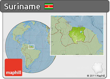 Physical Location Map of Suriname, savanna style outside, hill shading