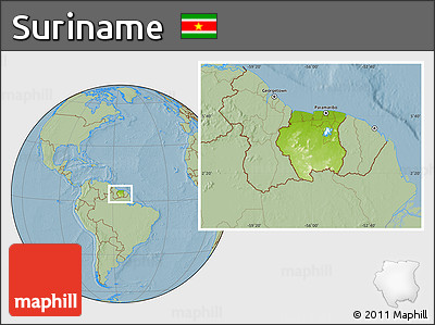 Physical Location Map of Suriname, savanna style outside, hill shading
