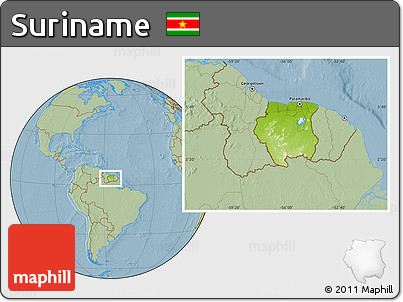 Physical Location Map of Suriname, savanna style outside, hill shading
