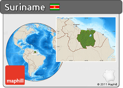 Satellite Location Map of Suriname, shaded relief outside