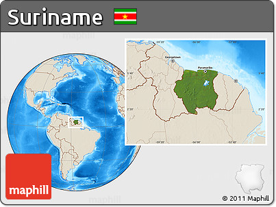 Satellite Location Map of Suriname, shaded relief outside