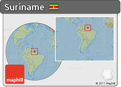 Savanna Style Location Map of Suriname, within the entire continent, hill shading