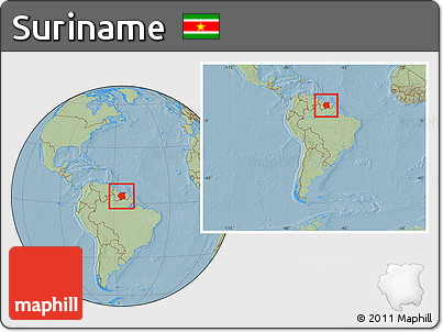 Savanna Style Location Map of Suriname, within the entire continent, hill shading