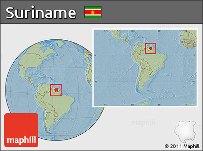 Savanna Style Location Map of Suriname, within the entire continent, hill shading