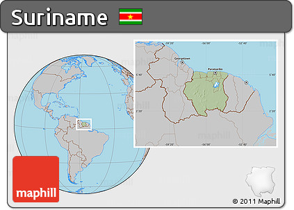 Savanna Style Location Map of Suriname, gray outside, hill shading inside