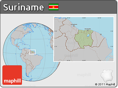 Savanna Style Location Map of Suriname, gray outside, hill shading inside