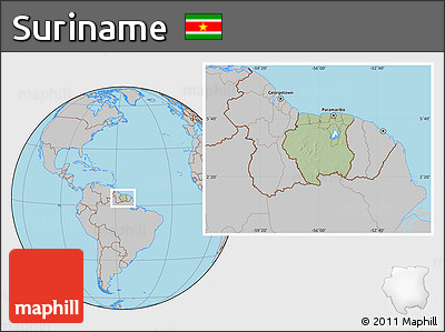 Savanna Style Location Map of Suriname, gray outside, hill shading inside
