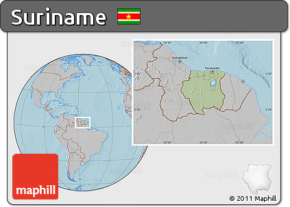 Savanna Style Location Map of Suriname, gray outside, hill shading