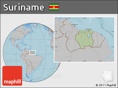 Savanna Style Location Map of Suriname, gray outside, hill shading