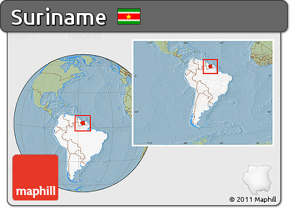 Savanna Style Location Map of Suriname, highlighted continent, within the entire continent, hill shading