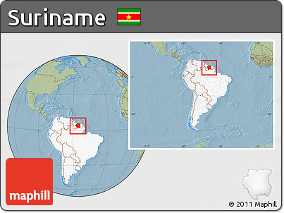 Savanna Style Location Map of Suriname, highlighted continent, within the entire continent, hill shading